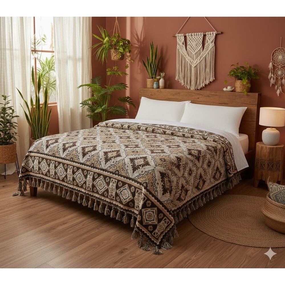 Blanket artisan 88"x90" Brown Cream Tassel Diamond Woven boho tribal Thick Queen